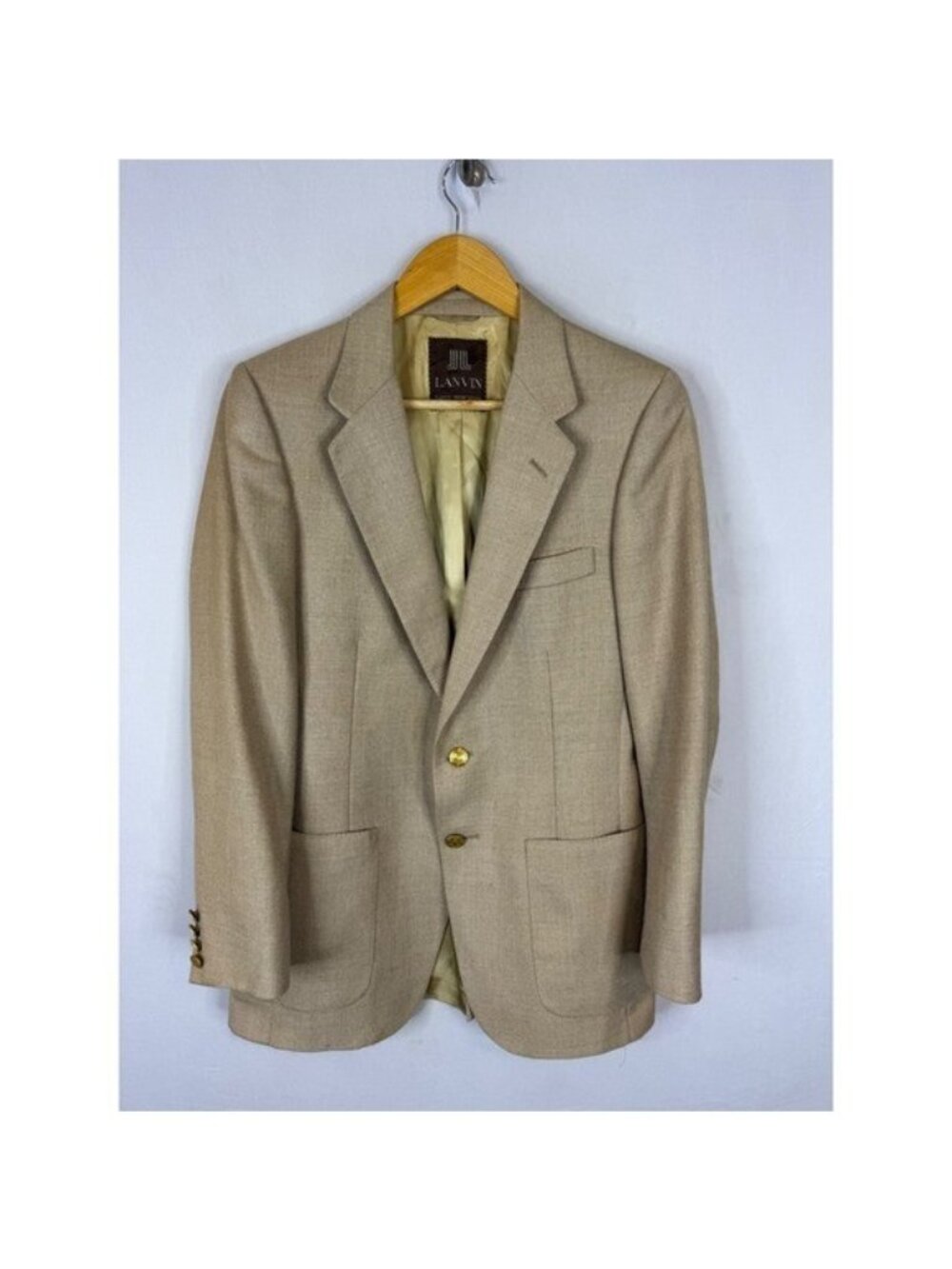 Lanvin Paris Neiman Marcus Mens 38R Tan Hopsack Blazer Gold Crested Buttons USA